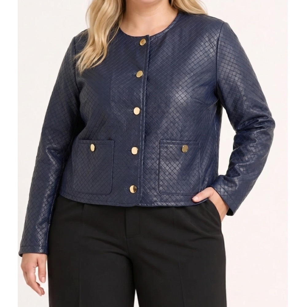 Liz Claiborne Navy Blue Woven Faux Leather Button Front Collarless Jacket 16 NEW